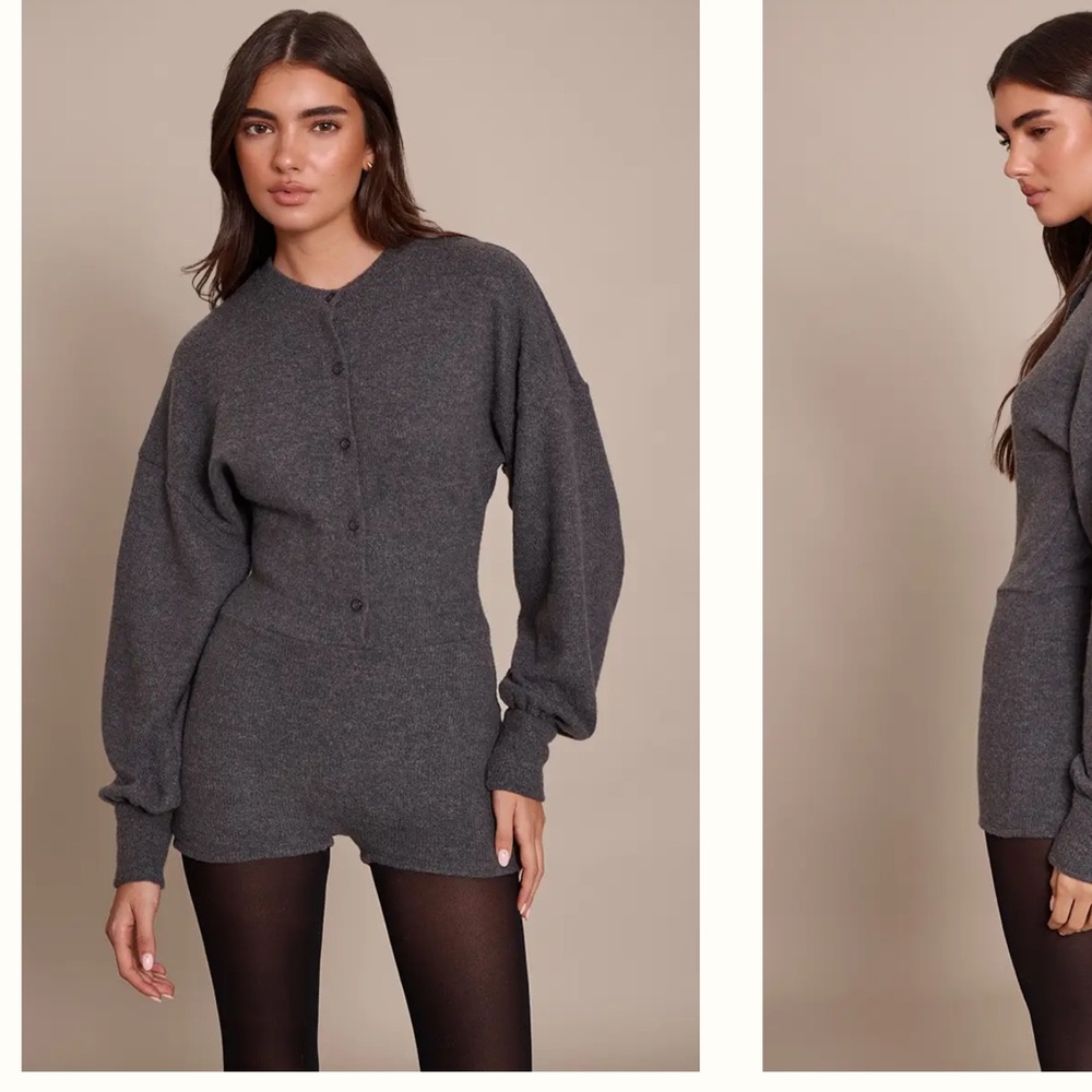 Pretty little thing GREY RIBBED BUTTON UP UNITARD